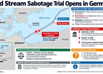 Map shows the Nord Stream 1 and Nord Stream 2 pipelines in the Baltic Sea near Bornholm, Denmark, with reported explosion sites, German court proceedings and unresolved questions about responsibility for the 2022 sabotage.