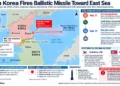 Map showing North Korea's ballistic missile launch toward the East Sea alongside a separate DMZ mine incident involving South Korean soldiers.