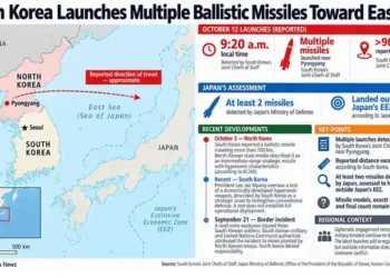 Map shows North Korea’s reported October 12, 2026, ballistic missile launches toward the East Sea, with the approximate travel direction, reported distance exceeding 900 kilometres and Japan’s assessment that at least two missiles landed outside its exclusive economic zone.