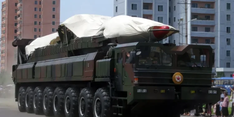 A North Korean ballistic missile displayed during Victory Day events in Pyongyang, North Korea, in a photograph dated July 26, 2013.