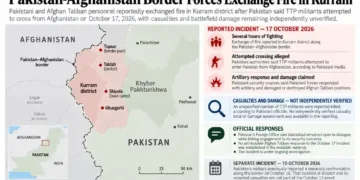Map locating Pakistan’s Kurram district along the Afghanistan border, with reported October 17, 2026, clashes, alleged militant crossing attempts, claimed artillery damage and the ongoing investigation.