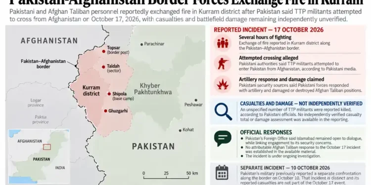 Map locating Pakistan’s Kurram district along the Afghanistan border, with reported October 17, 2026, clashes, alleged militant crossing attempts, claimed artillery damage and the ongoing investigation.