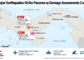 Map shows two major earthquakes in Panama on October 9, 2026, near Río Grande and Pitaloza Arriba, with reported aftershocks, airport reopening and continued Panama Canal operations.