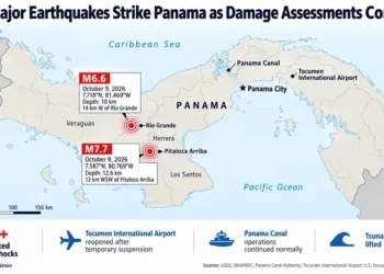 Map shows two major earthquakes in Panama on October 9, 2026, near Río Grande and Pitaloza Arriba, with reported aftershocks, airport reopening and continued Panama Canal operations.