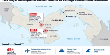 Map shows two major earthquakes in Panama on October 9, 2026, near Río Grande and Pitaloza Arriba, with reported aftershocks, airport reopening and continued Panama Canal operations.