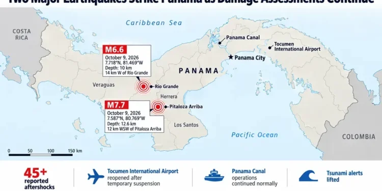 Map shows two major earthquakes in Panama on October 9, 2026, near Río Grande and Pitaloza Arriba, with reported aftershocks, airport reopening and continued Panama Canal operations.