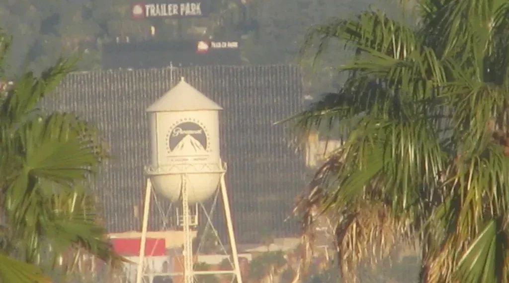 Paramount Studios water tower in Hollywood, Los Angeles, photographed on January 27, 2011, within the Hollywood Boulevard Commercial and Entertainment District.
