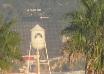 Paramount Studios water tower in Hollywood, Los Angeles, photographed on January 27, 2011, within the Hollywood Boulevard Commercial and Entertainment District.