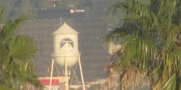 Paramount Studios water tower in Hollywood, Los Angeles, photographed on January 27, 2011, within the Hollywood Boulevard Commercial and Entertainment District.