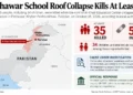 Map locating the Al-Khair Education Center in Peshawar, Pakistan, alongside reported casualties, injuries, the investigation and the government's response to the school roof collapse.