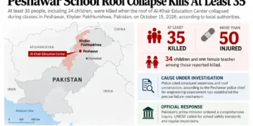 Map locating the Al-Khair Education Center in Peshawar, Pakistan, alongside reported casualties, injuries, the investigation and the government's response to the school roof collapse.