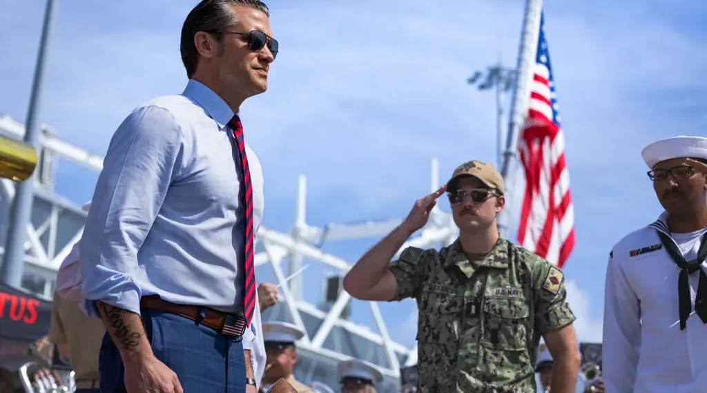 U.S. Defense Secretary Pete Hegseth boards USS Chosin in Panama City, Panama, during a visit on April 9, 2025.