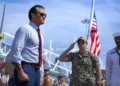 U.S. Defense Secretary Pete Hegseth boards USS Chosin in Panama City, Panama, during a visit on April 9, 2025.
