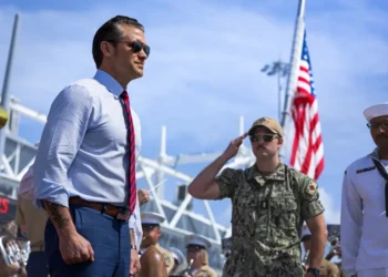 U.S. Defense Secretary Pete Hegseth boards USS Chosin in Panama City, Panama, during a visit on April 9, 2025.