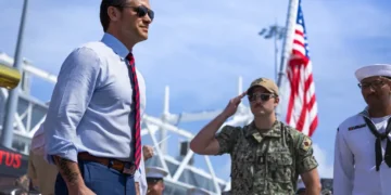 U.S. Defense Secretary Pete Hegseth boards USS Chosin in Panama City, Panama, during a visit on April 9, 2025.