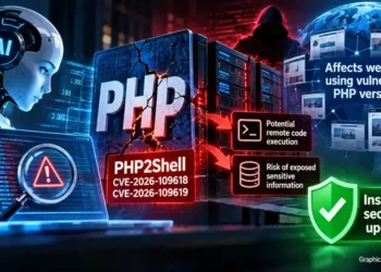 AI cybersecurity illustration showing PHP2Shell vulnerabilities, server infrastructure, potential remote code execution, exposed sensitive information, affected websites, and a recommendation to install security updates.