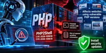 AI cybersecurity illustration showing PHP2Shell vulnerabilities, server infrastructure, potential remote code execution, exposed sensitive information, affected websites, and a recommendation to install security updates.
