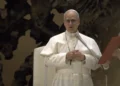 Pope Leo XIV attends an audience with members of the media at the Vatican on May 12, 2025.