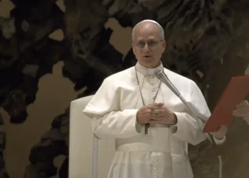 Pope Leo XIV attends an audience with members of the media at the Vatican on May 12, 2025.