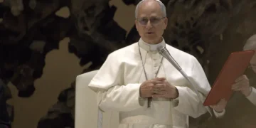 Pope Leo XIV attends an audience with members of the media at the Vatican on May 12, 2025.
