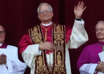 Pope Leo XIV appears on the loggia following his election on May 8, 2025, greeting the crowd gathered in St. Peter’s Square.
