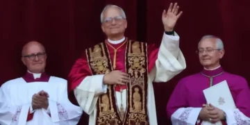 Pope Leo XIV appears on the loggia following his election on May 8, 2025, greeting the crowd gathered in St. Peter’s Square.