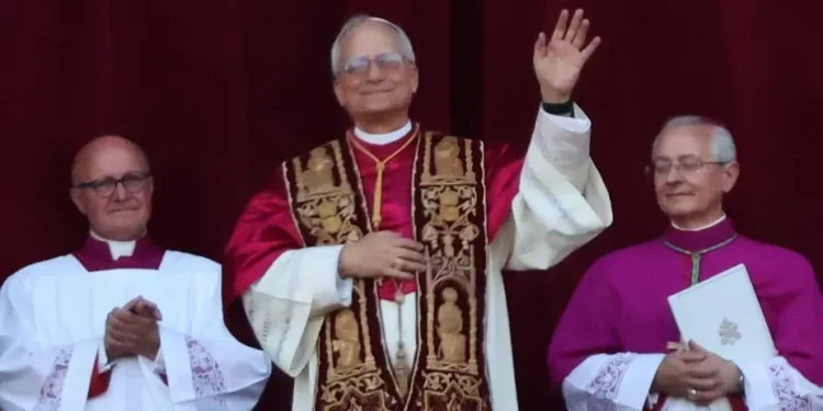 Pope Leo XIV appears on the loggia following his election on May 8, 2025, greeting the crowd gathered in St. Peter’s Square.