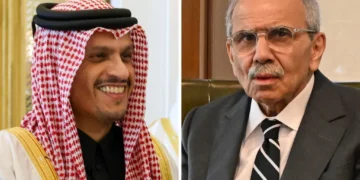 Composite image featuring Qatar’s Prime Minister Mohammed bin Abdulrahman Al Thani on the left and Lebanon’s Prime Minister Nawaf Salam on the right.