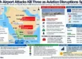 Editorial map shows reported attacks on Riyadh and Najran airports, casualties, expanded European aviation safety warnings and airline service suspensions across the region.