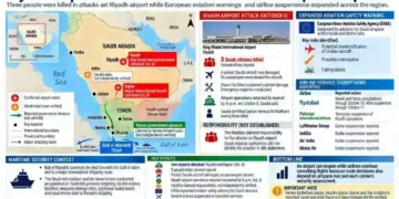 Editorial map shows reported attacks on Riyadh and Najran airports, casualties, expanded European aviation safety warnings and airline service suspensions across the region.