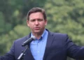Florida Gov. Ron DeSantis speaks to guests at the Nebraska Steak Fry in Nebraska City, Nebraska, on September 12, 2021.