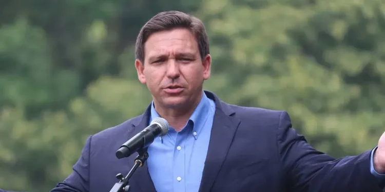 Florida Gov. Ron DeSantis speaks to guests at the Nebraska Steak Fry in Nebraska City, Nebraska, on September 12, 2021.