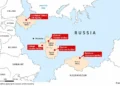 Map of western Russia marking reported facilities in Leningrad Oblast, Vladimir, Kaluga, Sasovo and Balakovo, identified with VK, Yandex and Sberbank.