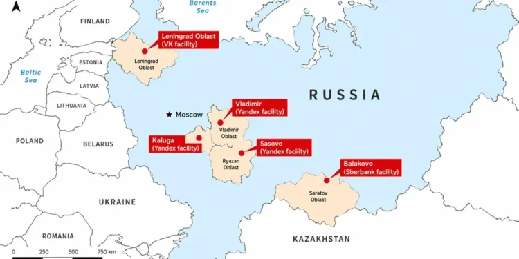 Map of western Russia marking reported facilities in Leningrad Oblast, Vladimir, Kaluga, Sasovo and Balakovo, identified with VK, Yandex and Sberbank.