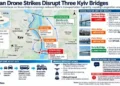 Map showing Russian drone strikes, bridge closures, traffic restrictions and transport rerouting across Kyiv, Ukraine.