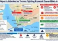 Map shows reported attacks on Jazan and Najran airports in Saudi Arabia amid fighting near Yemen and the Bab el-Mandeb Strait.