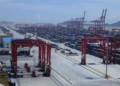 View of the Yangshan Deep-water Harbour Zone at the Port of Shanghai, China, a major port facility connected to Shanghai by the Donghai Bridge.
