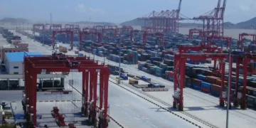 View of the Yangshan Deep-water Harbour Zone at the Port of Shanghai, China, a major port facility connected to Shanghai by the Donghai Bridge.