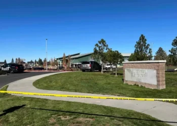 Crime scene photograph following the October 15, 2026, shooting at Silver Rail Elementary School in Bend, Oregon.