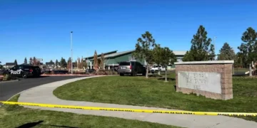 Crime scene photograph following the October 15, 2026, shooting at Silver Rail Elementary School in Bend, Oregon.