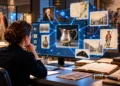 Researcher examines AI connections between historical artifacts, documents and figures from the American Revolution in a museum setting.