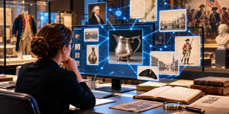 Researcher examines AI connections between historical artifacts, documents and figures from the American Revolution in a museum setting.