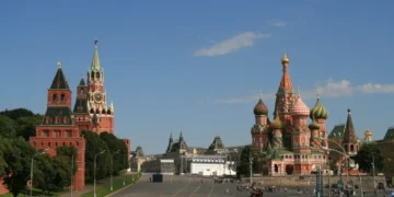 Spasskaya Tower and St. Basil's Cathedral beside the Kremlin walls in Moscow, Russia, photographed on July 26, 2008.