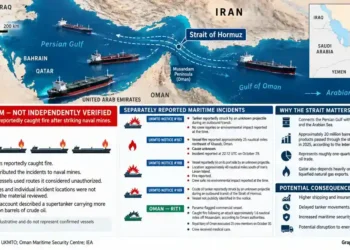 Original Journos News locator map showing the Strait of Hormuz, Persian Gulf and Gulf of Oman, with shipping routes, reported maritime incidents involving oil tankers, Iran's claims, and regional energy security implications.