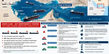 Original Journos News locator map showing the Strait of Hormuz, Persian Gulf and Gulf of Oman, with shipping routes, reported maritime incidents involving oil tankers, Iran's claims, and regional energy security implications.