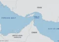 Map showing the Strait of Hormuz connecting the Persian Gulf with the Gulf of Oman, with Iran to the north and Oman and the United Arab Emirates to the south.