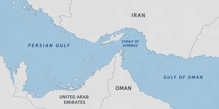 Map showing the Strait of Hormuz connecting the Persian Gulf with the Gulf of Oman, with Iran to the north and Oman and the United Arab Emirates to the south.