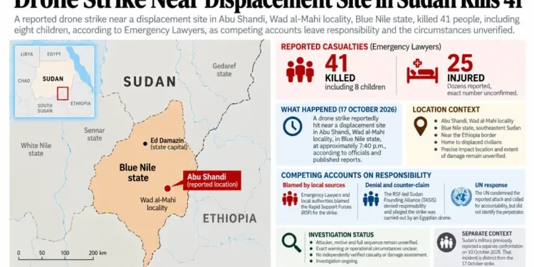 Map locating Abu Shandi in Sudan’s Blue Nile state, alongside reported casualties from a drone strike, competing accounts of responsibility and the ongoing investigation.