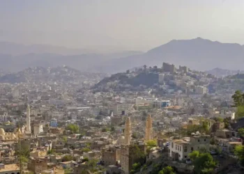 Panoramic view of Taiz, Yemen, showing the city’s built-up landscape and surrounding terrain, photographed by Rod Waddington.