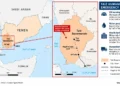 Original Journos News locator map highlighting Yemen’s Taiz Governorate, a reported airstrike location in western Taiz, and the road connection between Taiz and Aden, alongside key humanitarian concerns involving food, water, health facilities and access.